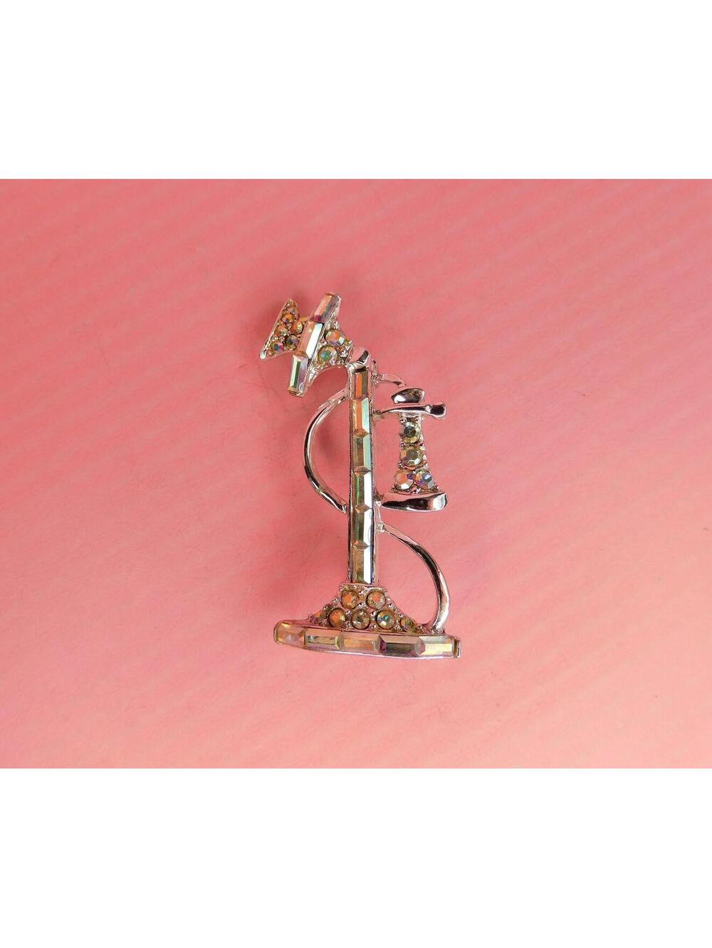 Vintage Old Timey Phone Silver and Rhinestone Pin